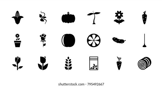 Plant icons. set of 18 editable filled plant icons: plant, hay, pumpkin, carrot, corn, rose, tulip, cucumber, hoe, flower, seed bag, lemon, peach, flower pot