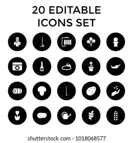 Plant icons. set of 20 editable filled plant icons such as mushroom, potato, hand with seeds, flower, bouquet, hoe, watering can. best quality plant elements in trendy style.