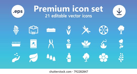 Plant icons. set of 21 editable filled plant icons includes barn, oil, hand with seeds, pine tree, electricity, flower, tree, lemon, heart flower, dragonfly, grape, leaf