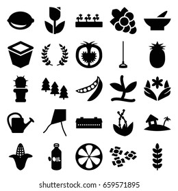 Plant icons set. set of 25 plant filled icons such as barn, corn, oil, pine tree, bowl, flower, grape, hoe, watering can, pot for plants, sprout plants, lemon, tomato, peas