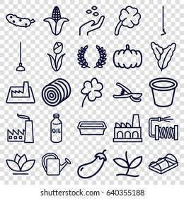 Plant icons set. set of 25 plant outline icons such as hay, pumpkin, spinach, eggplant, corn, oil, hand with seeds, clover, cucumber, hoe, garden tools, watering can