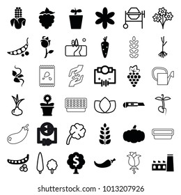 Plant icons. set of 36 editable filled and outline plant icons such as carrot, grape, peas, flower, electricity, cutter, plant in pot, flower pot, rose, money tree, onion
