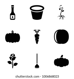 Plant icons. set of 9 editable filled plant icons such as pumpkin, pot for plants, carrot, peach, rose, oil, hoe