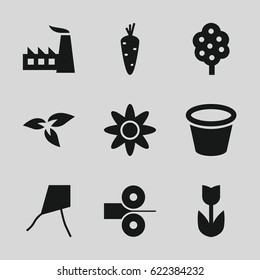 Plant icons set. set of 9 plant filled icons such as plant, carrot, tree, factory, pot for plants, flower, paper press