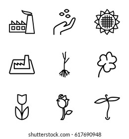 Plant icons set. set of 9 plant outline icons such as plant, sunflower, hand with seeds, Clover, factory, sprout, rose