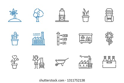 plant icons set. Collection of plant with beer, factory, wheelbarrow, chimney, sunflower, terrarium, growth, cactus, water tank, silo, tree. Editable and scalable plant icons.