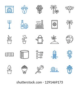 plant icons set. Collection of plant with corn, straw bale, rose, bouquet, sunflower, reservoir, growth, industry tank, hay bale, global warming. Editable and scalable plant icons.