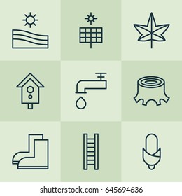 Plant Icons Set. Collection Of Gardening Shoes, Tree Stub, Sun Power And Other Elements. Also Includes Symbols Such As Maize, Stub, Ladder.