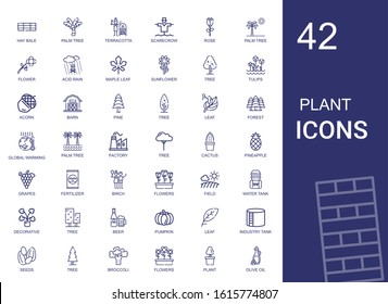 plant icons set. Collection of plant with hay bale, palm tree, terracotta, scarecrow, rose, flower, acid rain, maple leaf, sunflower, tree. Editable and scalable plant icons.