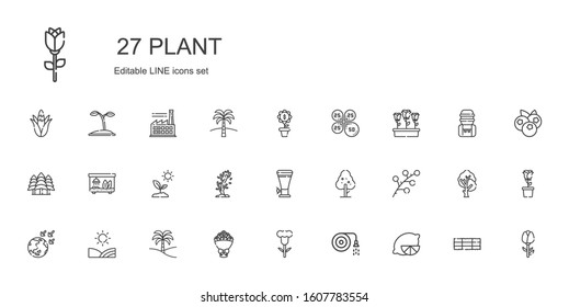 plant icons set. Collection of plant with lemon, hose, flower, bouquet, palm tree, field, global warming, branch, tree, beer, sprout, terrarium. Editable and scalable plant icons.