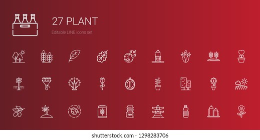 plant icons set. Collection of plant with oils, electric tower, water tank, wheat, environment, palm tree, olive, tree, chestnut, rose, bouquet. Editable and scalable plant icons.