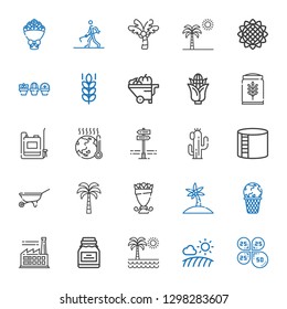 plant icons set. Collection of plant with petals, field, palm tree, conserve, factory, global warming, bouquet, wheelbarrow, industry tank. Editable and scalable plant icons.