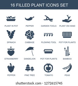 plant icons. Trendy 16 plant icons. Contain icons such as plant in pot, pepper, garden tools, plant on hand, spinach, cabbage, plowing tool, pot for plants. icon for web and mobile.