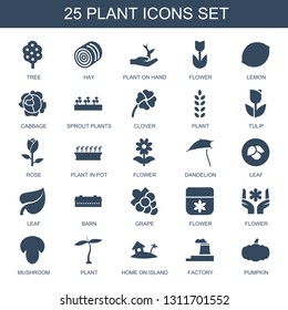 plant icons. Trendy 25 plant icons. Contain icons such as tree, hay, plant on hand, flower, lemon, cabbage, sprout plants, clover, tulip, rose. icon for web and mobile.