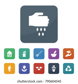 Plant icons. vector collection filled plant icons such as pitchfork, medical bowl, seeds, plant, leaf in hand, sowing, carrot, recycle, flower pot, eco house