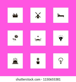 plant icons. windmill, bulb leaf, dining room and rose vector icons set