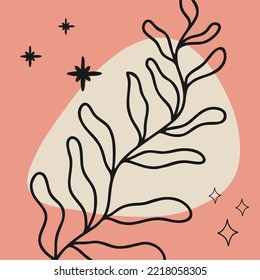 Plant illustration, outline and abstract shape with stars. Unique print in boh style. Perfect for poster or postcard template, trendy t-shirt design.