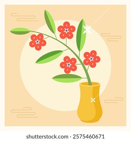 Plant illustration. Pretty flowers in a pink flower vase. Flat icon. Vector illustration.