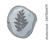 Plant imprint in stone. Prehistoric rock with relief print of leaves silhouette.