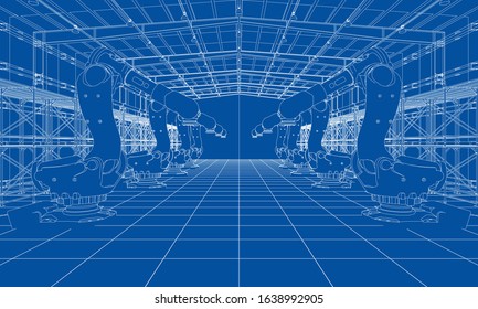 A plant with industral robots manipulators. Blueprint style. Vector rendering from 3D model