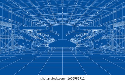 A plant with industral robots manipulators. Blueprint style. Vector rendering from 3D model