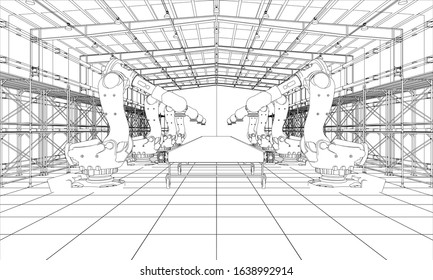 A plant with industral robots manipulators. Blueprint style. Vector rendering from 3D model