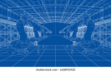 A plant with industral robots manipulators. Blueprint style. Vector rendering from 3D model