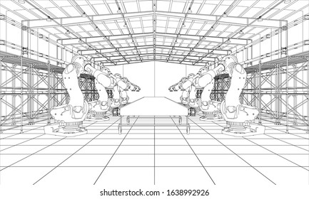 A plant with industral robots manipulators. Blueprint style. Vector rendering from 3D model