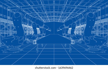 A plant with industral robots manipulators. Blueprint style. Vector rendering from 3D model