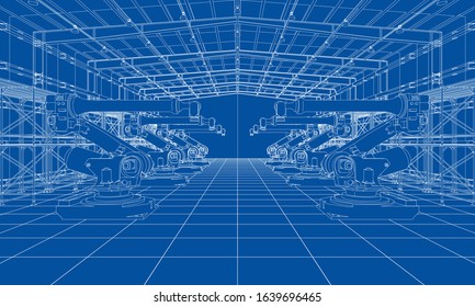 A plant with industral robots manipulators. Blueprint style. Vector rendering from 3D model