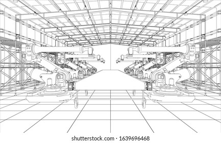 A plant with industral robots manipulators. Blueprint style. Vector rendering from 3D model