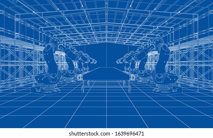 A plant with industral robots manipulators. Blueprint style. Vector rendering from 3D model