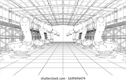 A plant with industral robots manipulators. Blueprint style. Vector rendering from 3D model