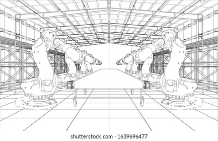 A plant with industral robots manipulators. Blueprint style. Vector rendering from 3D model