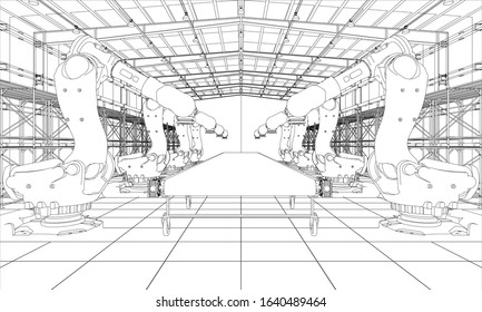 A plant with industral robots manipulators. Blueprint style. Vector rendering from 3D model