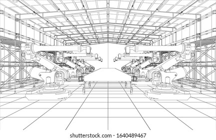 A plant with industral robots manipulators. Blueprint style. Vector rendering from 3D model