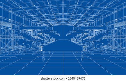 A plant with industral robots manipulators. Blueprint style. Vector rendering from 3D model