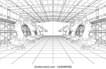 A plant with industral robots manipulators. Blueprint style. Vector rendering from 3D model