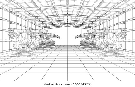 A plant with industral robots manipulators. Blueprint style. Vector rendering from 3D model