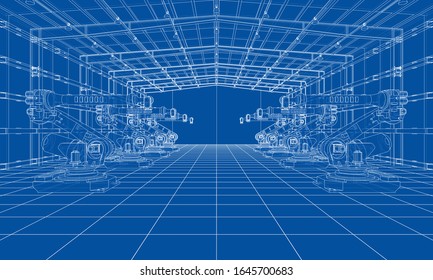 A plant with industral robots manipulators. Blueprint style. Vector rendering from 3D model