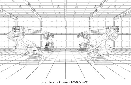 A plant with industral robots manipulators. Blueprint style. Vector rendering from 3D model