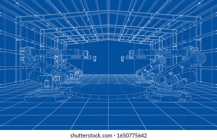 A plant with industral robots manipulators. Blueprint style. Vector rendering from 3D model