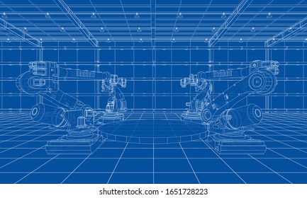 A plant with industral robots manipulators. Blueprint style. Vector rendering from 3D model