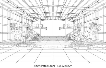 A plant with industral robots manipulators. Blueprint style. Vector rendering from 3D model