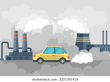 Plant or industrial factory building and car with smoking chimneys, smoke in air, waste pollution. Manufacturing factory premice. Oil rig and industrial transport, exhaust gas car pollute environment