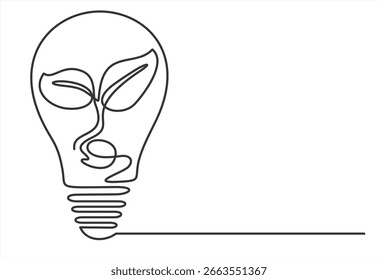 Planta dentro de la bombilla continua de una línea de dibujo. Trazo editable. Ilustración vectorial.	
