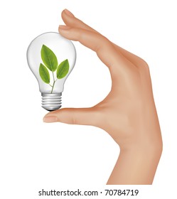 Plant inside light bulb in hand. Vector illustration.