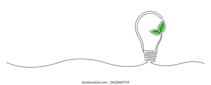 Planta dentro de la bombilla en un dibujo de línea continua. Concepto creativo de energía verde y fuentes respetuosas con el medio ambiente. Símbolo ecológico sostenible en Trazo editable. Ilustración vectorial de Doodle