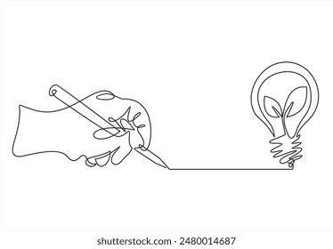 Plant inside light Bulb in one continuous line drawing. Creative concept of green energy and environmental friendly sources. Eco sustainable symbol in Editable stroke.