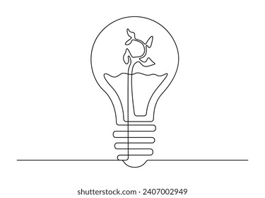 Planta dentro de Lightbulb en un plano de línea continua. Concepto creativo de energía verde y fuentes amigables con el medio ambiente. Ilustración vectorial. Vector Pro